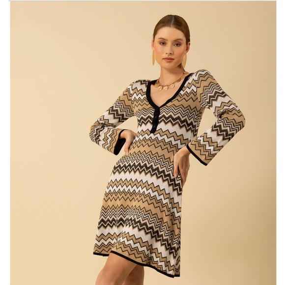 Hale Bob Lylah Lurex Dress Purple Chevron Print Long Sleeve Dress Womens Size L - Picture 1 of 6